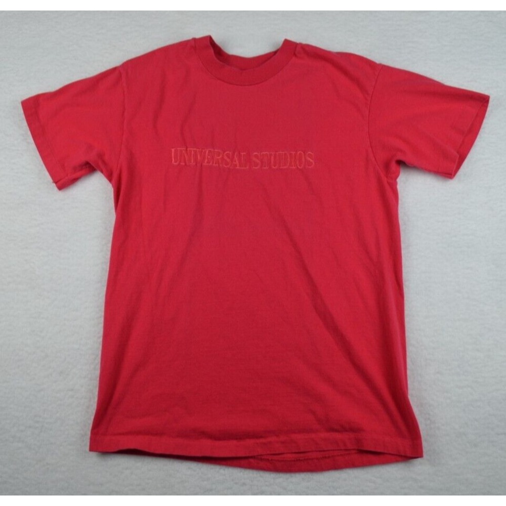 Vintage 90s Universal‎ Studios Embroidered Spellout T Shirt Mens M Pink USA Made